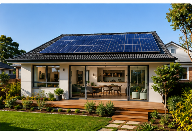 Modern home with rooftop solar panels installed